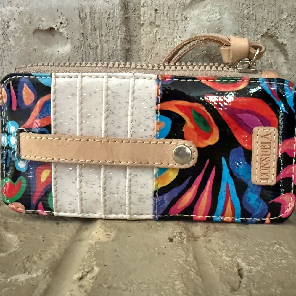 Consuela - Sophie - Colorful Patent Floral Card Wristlet with Tan Strap